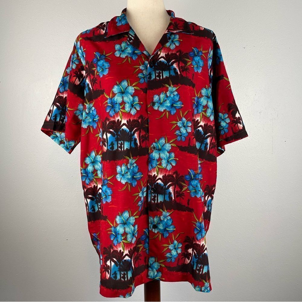 Hawaiian Red Floral Men's Shirt Size M EUC